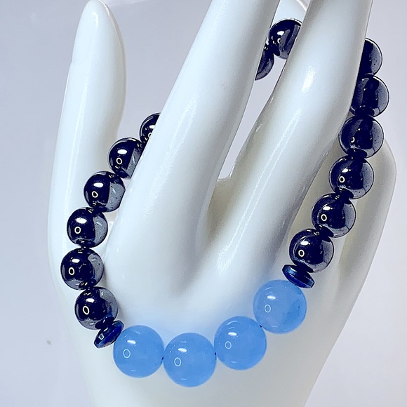 BLUE JADE + HEMATITE NATURAL BRACELET size 7.5” - Picture 2 of 6